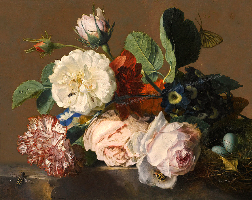 Jan van Huysum, Wiązanka kwiatów i ptasie gniazdo, rekonstrukcja cyfrowa